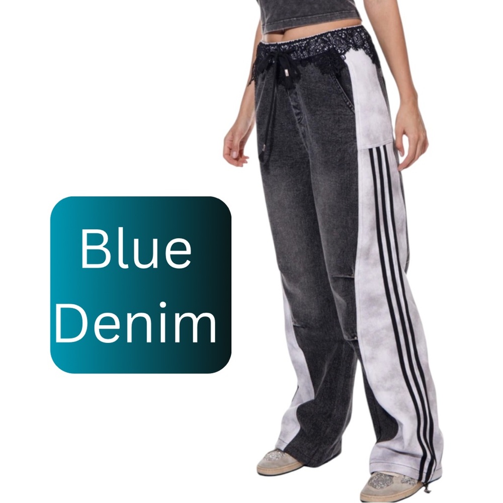 Blue Denim Wide-Leg Track Pants